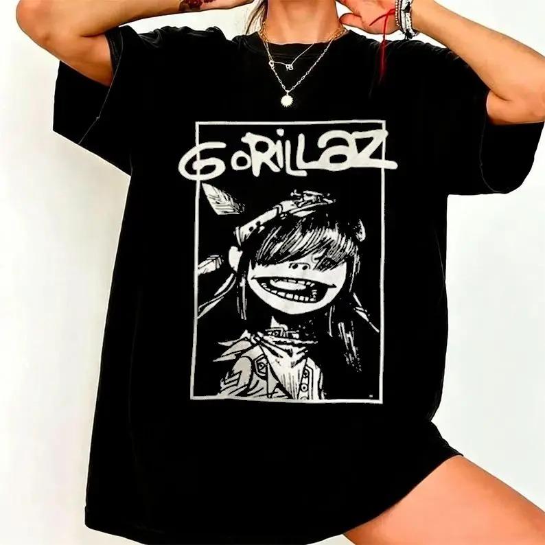 Gorillaz 2-D Band Virtuale Ritratto Grafico Vintage Lavaggio Acido Oversize Streetwear Hip Hop Fan Merch T-Shirt Top per Fan dei Gorillaz Amante della Musica