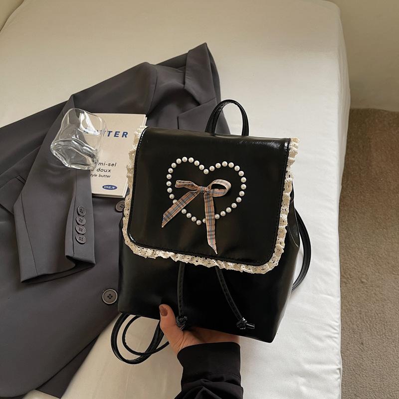 Fashi Sweet Ballet Женские сумки через плечо из ПУ кожи с жемчужным бантом Женский рюкзак большой вместимости Женская школьная сумка чёрный 2670₽