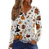 Women's Fashion Casual Halloween Printed V-Neck Button Trim Long Sleeve T-Shirt Top
