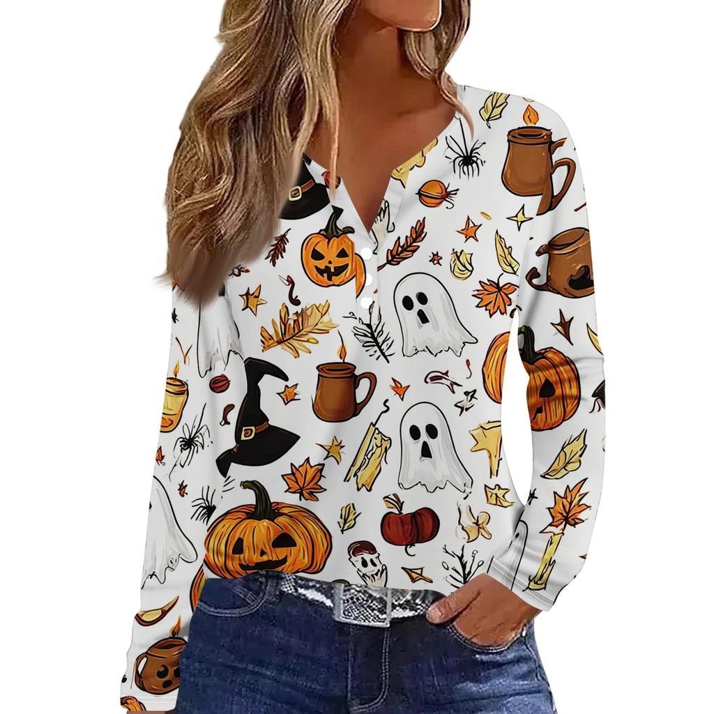 Women's Fashion Casual Halloween Printed V-Neck Button Trim Long Sleeve T-Shirt Top