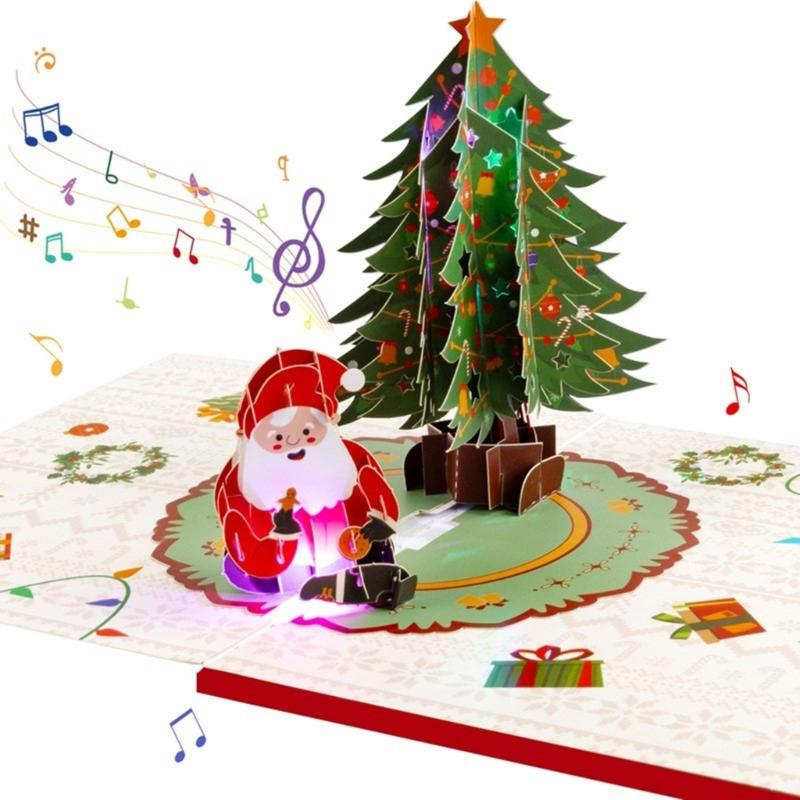 LED Işıklı Müzikli Noel Kartı Katlanabilir 3D Açılır Tebrik Kartı Zarfıyla El Yapımı Davetiye Kartpostalı