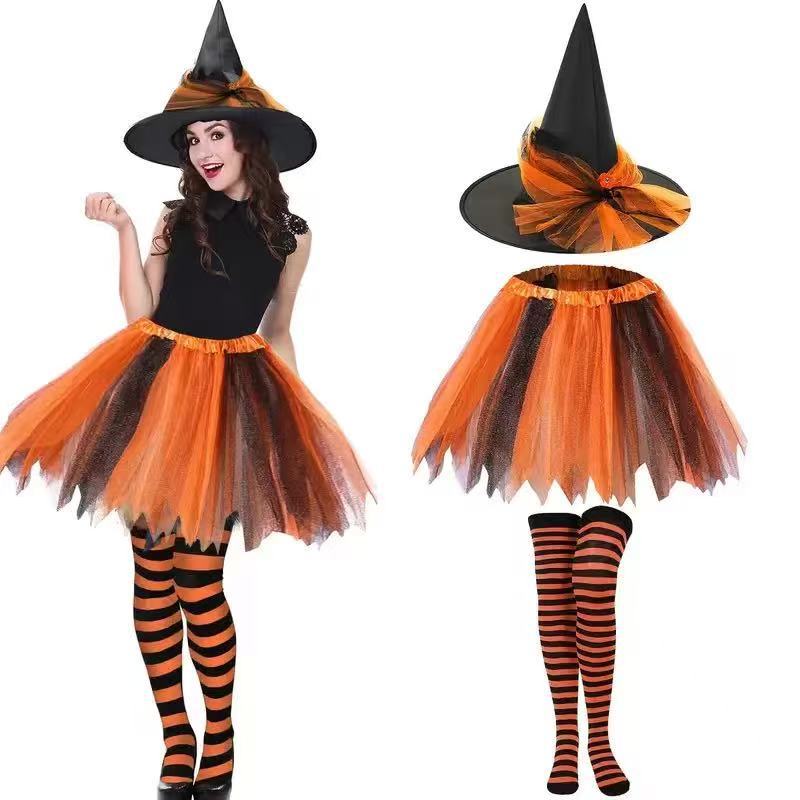 Halloween Party Festive Witch Hat Striped Stockings Trouser Set Hat Set