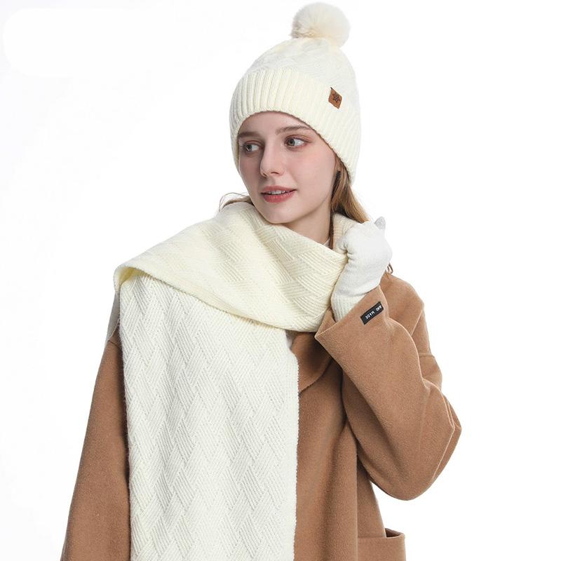 3pcs/set Hat Scarf For Women Gloves Set Outdoor Riding With Touch Screen Winter Pompom Hat Knit Beanie Fleece Lined