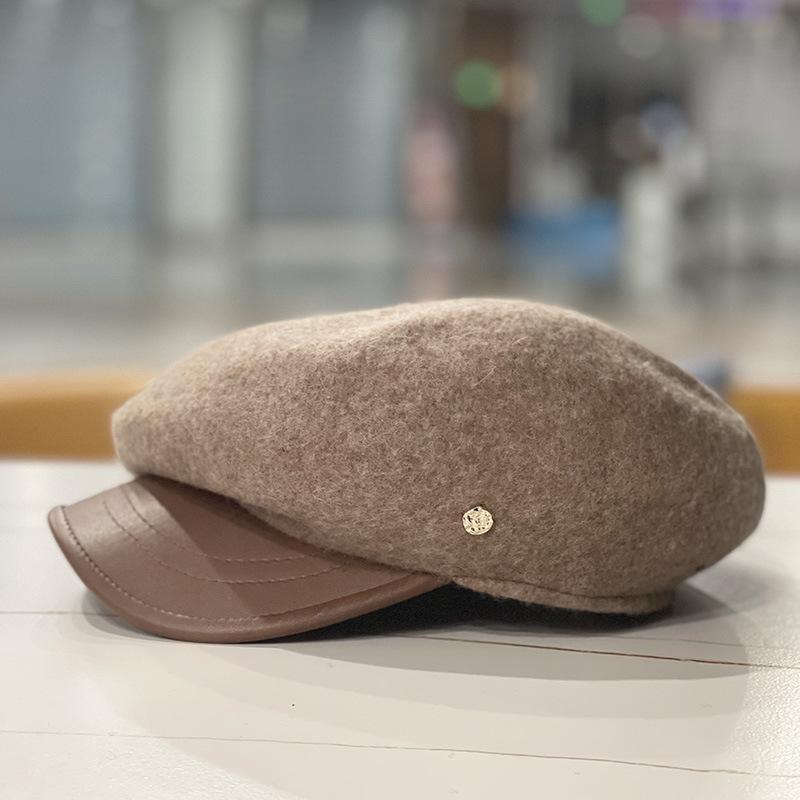 

Designer Big Top Leather Along Wool Cap Beret Femininity Small Octagonal Hat m55-58cm, adjustable to a smaller size