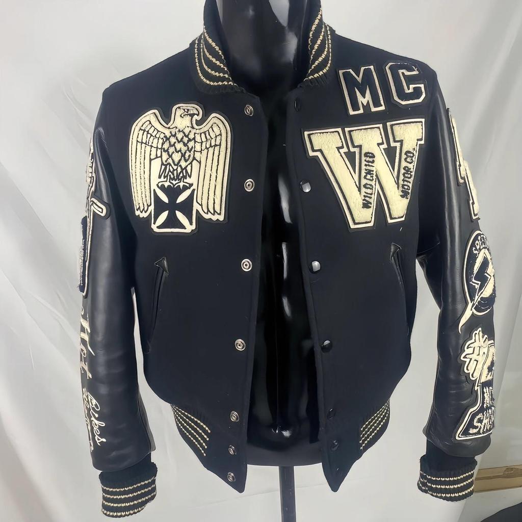 American Skull Knight Slim Fit Stand Collar Leather Baseball Jacket