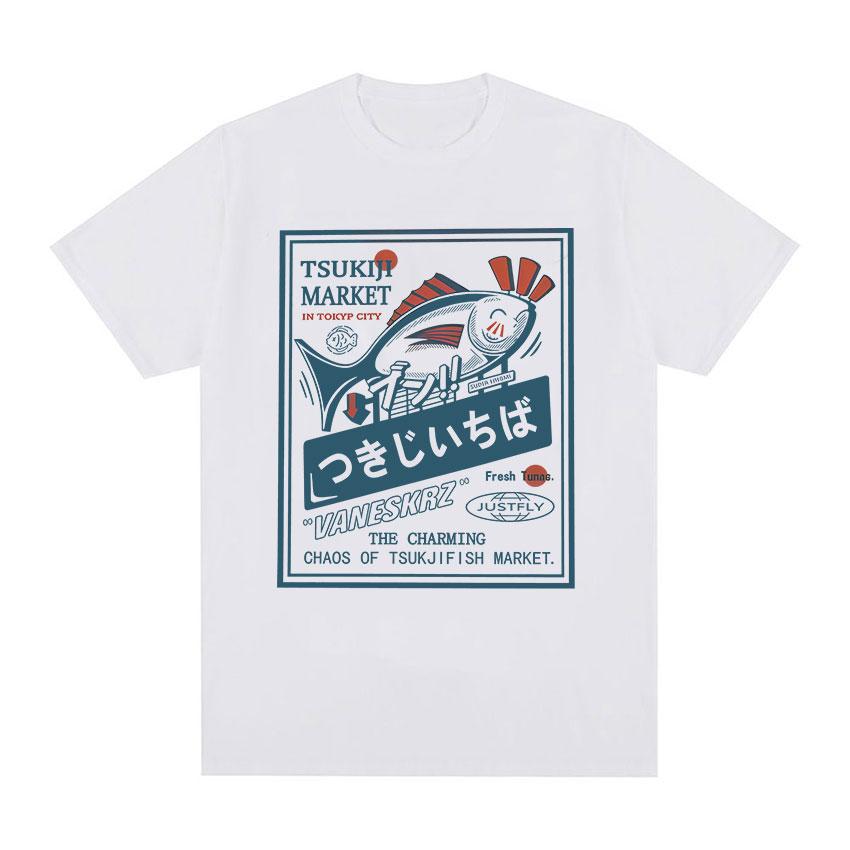 2025 Summer Japanese Tsukiji Market Fish Funny Meme Mens Women ONeck Vintage Harajuku Oversized 100 Pure Cotton Tshirt
