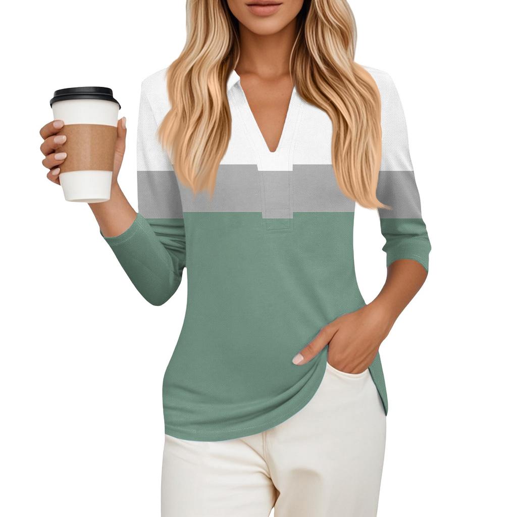 Dámské módní ležérní tričko s klopou a pruhovaným patchworkovým potiskem, top se sedmíčtvrtečním rukávem