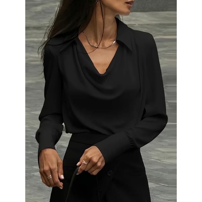 Elegant Solid Color Wrap Neck Womens Blouse Long Sleeve Office Shirt Casual Workwear