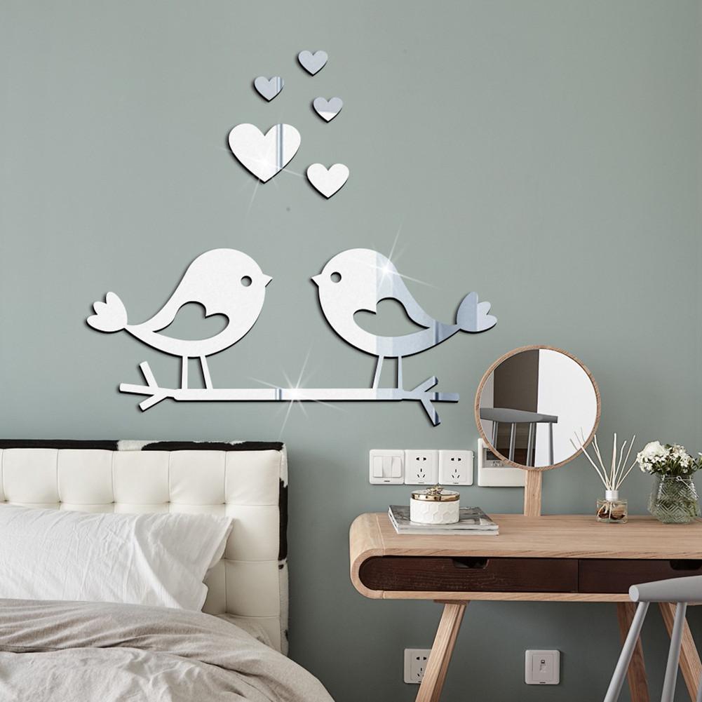 Acrylic Branch Bird Love-shape Mirror Sticker 3d Waterproof Self-adhesive Diy Valentine Day Decoration Mirror Wall Sticker
