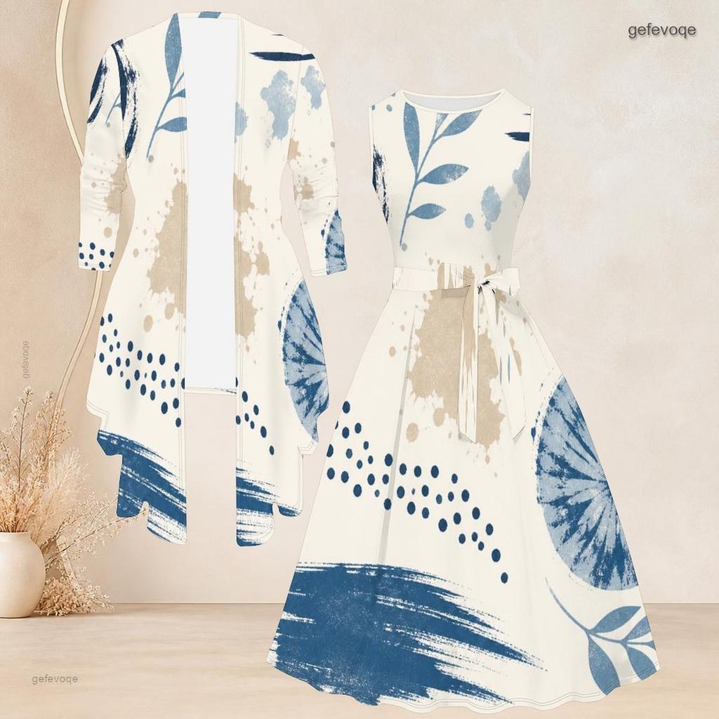 Women Plus Size Two Piece Set Round Neck Sleeveless Tie Waist Flared Dress 3 4 Sleeve Draped Cardigan Blue White Printed