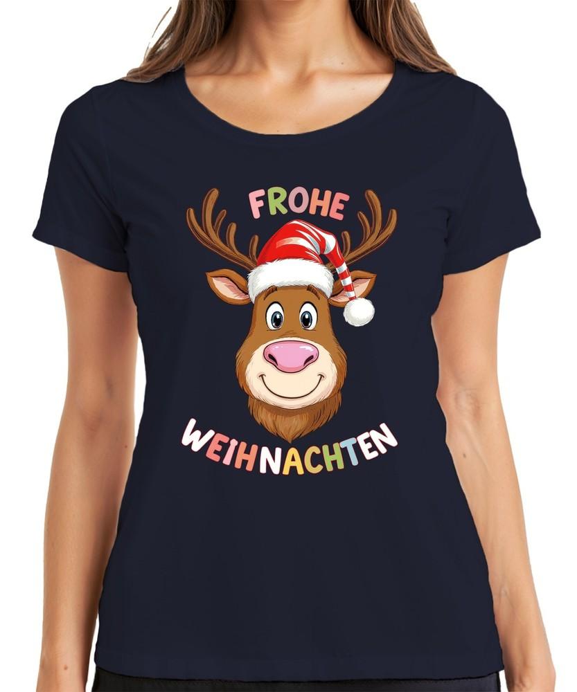 Merry Christmas Reindeer Santa Hat Funny Kids Gift Ladies Tshirt S