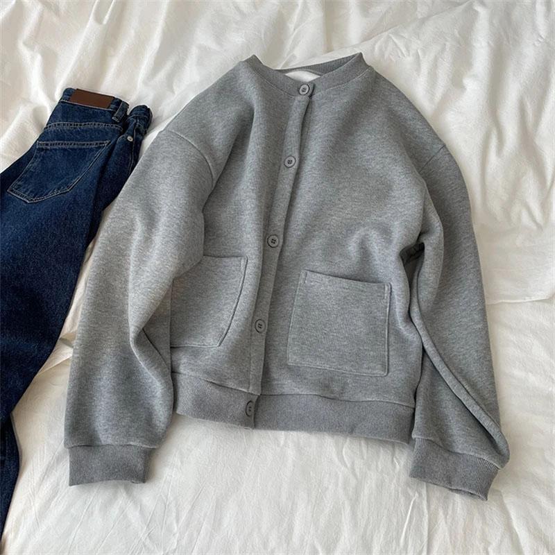 Plus Size Coat Women FleeceWinter Thickened Loose-Fit Round Neck Button-Up Casual Cardigan Sweatshirt for Women