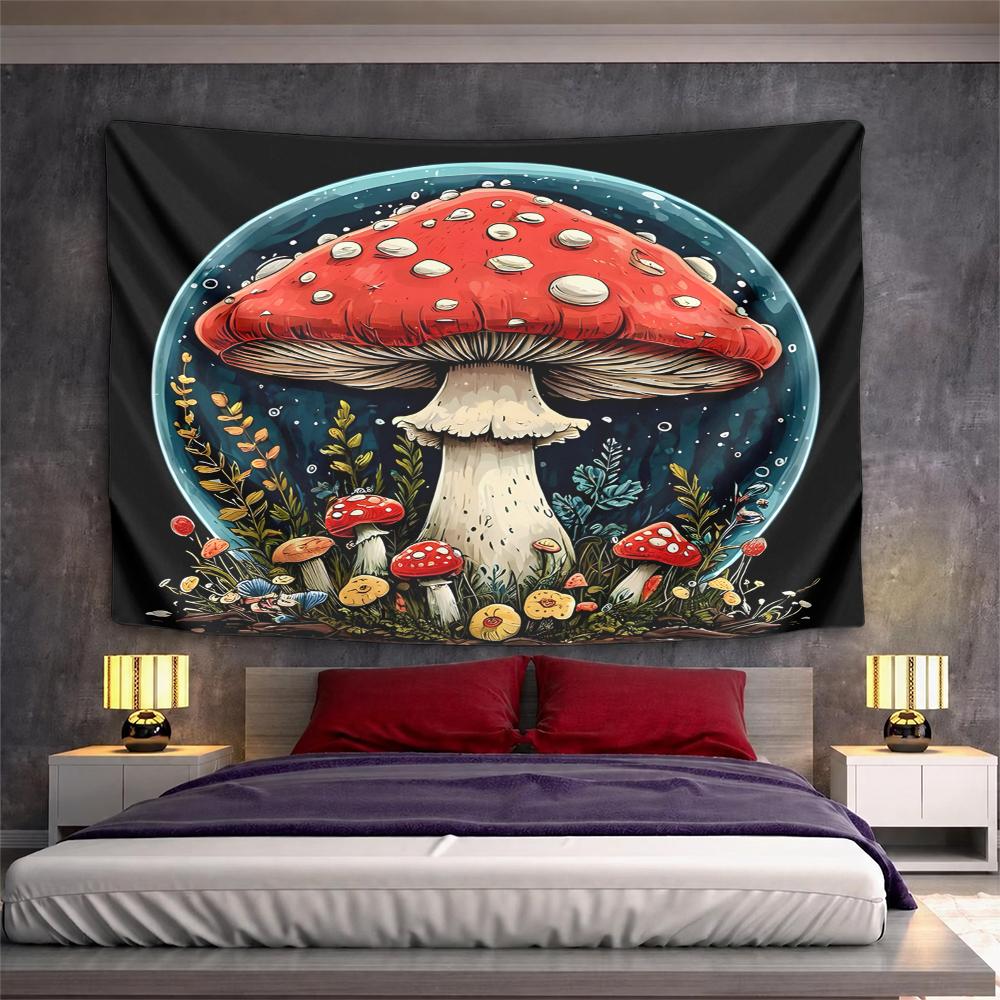 Landscape Wall Tapestry Red Spotted Fly Agaric Mushroom Forest Folk, Black Red, Wide Decor for Adult Bedroom Gift