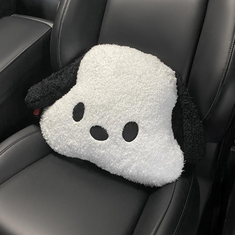 Niedliches schwarz-weißes Hunde-Auto-Kopfstützenkissen aus Plüsch, bequem und bequem