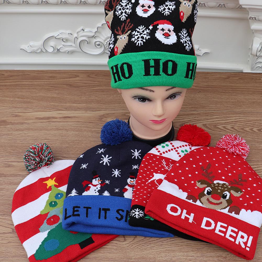 Christmas Decoration Props Children's Colorful Glowing Light Knit Hat Cap Santa Clause Elk Snowman Style