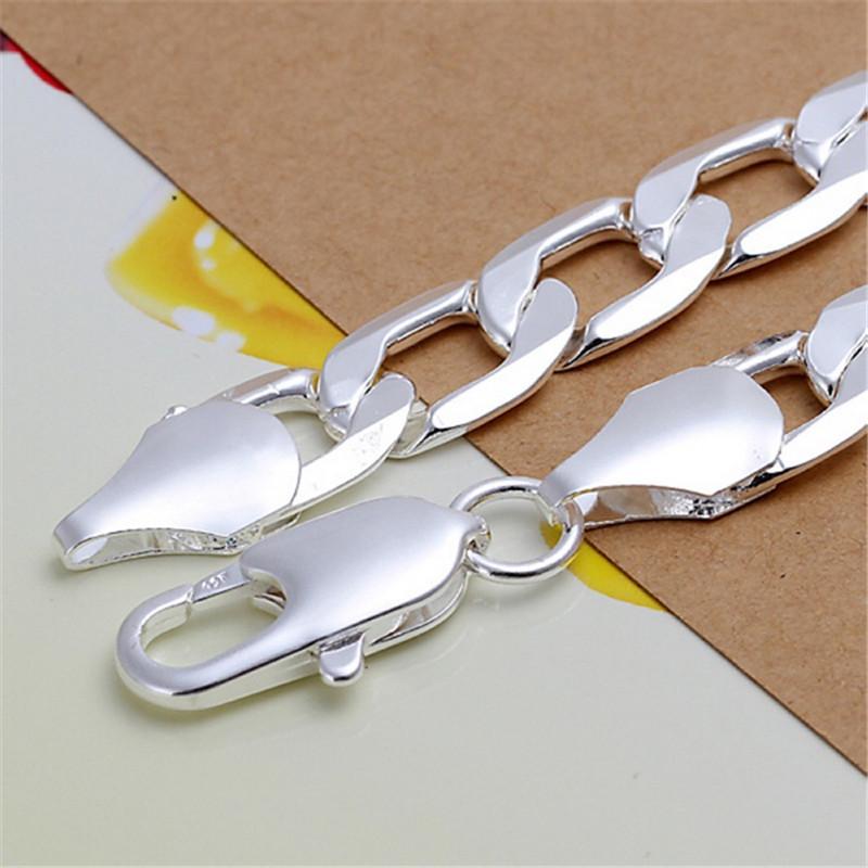 Noble 925 Sterling silver solid bracelet 12MM chain women Men Silver Jewelry fashion beautiful hot Figaro ChainGood product