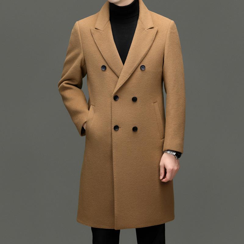 Double-breasted woolen woolen coat men's suit collar mid-length rabbit fur lining winter coat thickened wool windbreaker