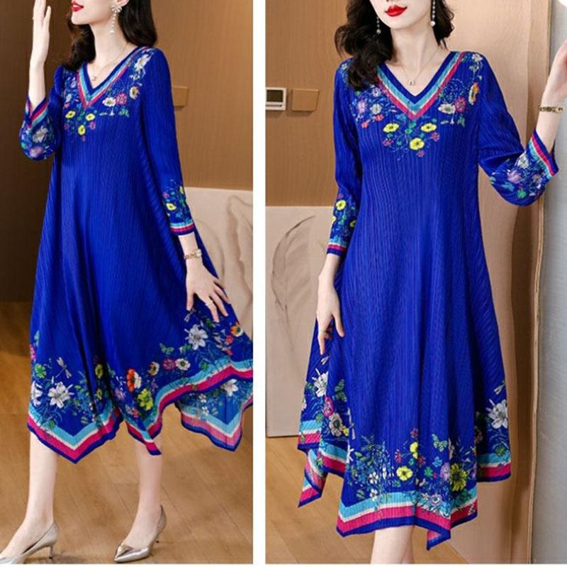Women's Plus Size Dress Vintage Print Dress Ethnic Style Spring Summer A-line Pleated Stretch Maxi Dress