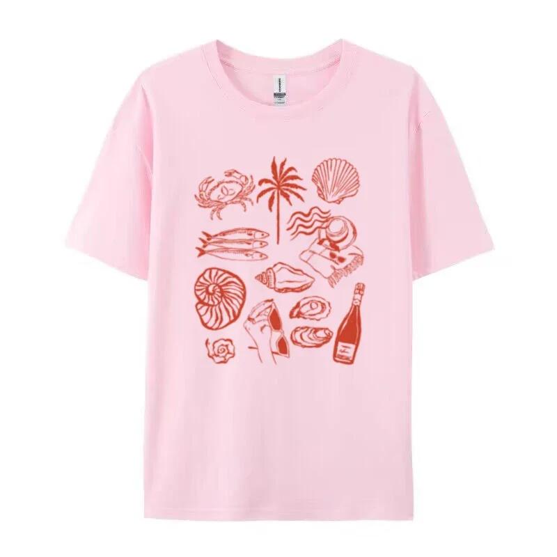 Women's Fashion Summer Ocean Coast Pattern T-shirt Retro Aesthetics Sweet Life Cute Oyster Wine Shirt Beach Vacation
