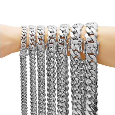 Hip Hop High Quality Stainless Steel Jewelry 8-20mm Laminated Stainless Steel Flat Cuban Link Chain Necklace