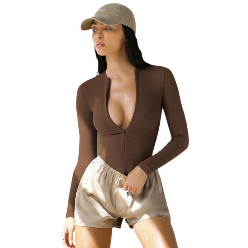 Damen Jumpsuit Skinny Strick Jumpsuit Reißverschlussoberteil XL kaffeebraun