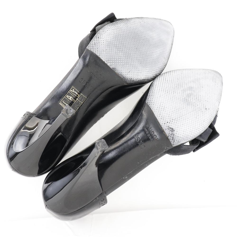 GUCCI pumps 146740 Side open ribbon black leather/Satin Women Used