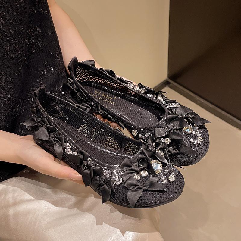 Mesh fisherman shoes women's 2025 spring and summer new rhinestones sweet bow shallow mouth Mary Jane single shoes women