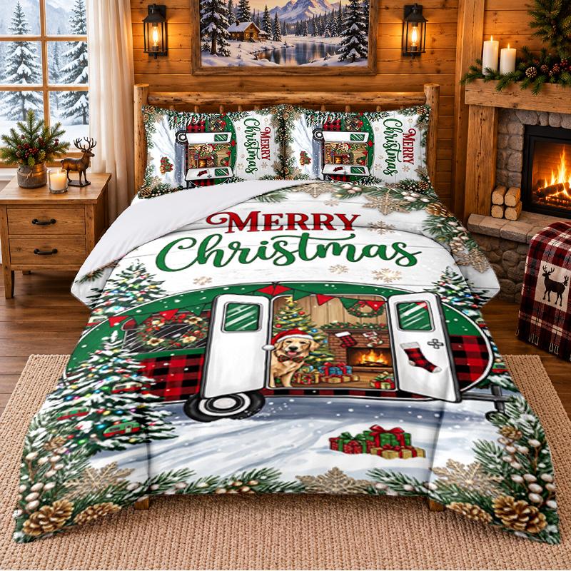 Christmas 3Pcs Bedding Set 1 Bed Sheet 2 Pillowcases Printed Bedroom Bedding Holiday Gift