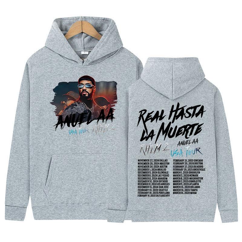 Rapper Anuel AA Rhlm 2 Tour 2025 Album Grafiken Kapuzenpullover Herren Hip Hop Rock Langarm Sweatshirt Vintage Übergroß Fleece Kapuzenpullover
