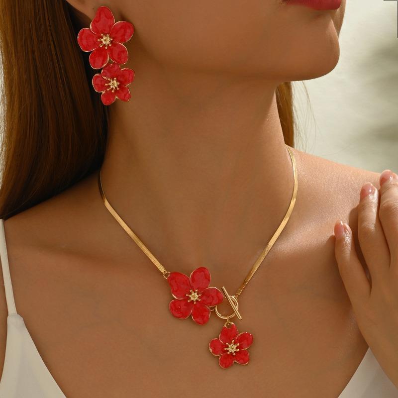 New Chinese-style National Trend Large Flower Necklace  Elegant Spray-painted Flower Pendant Jewelry Set