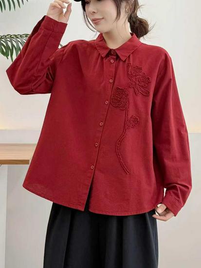 2026 Spring/Fall Women's Brushed Long-Sleeve Shirt with 3D Rose Design, Ideal for Layering.