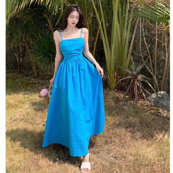 Yunnan Dali Women's Beach Dress - Sanya Vacation French Sling Long Dress
