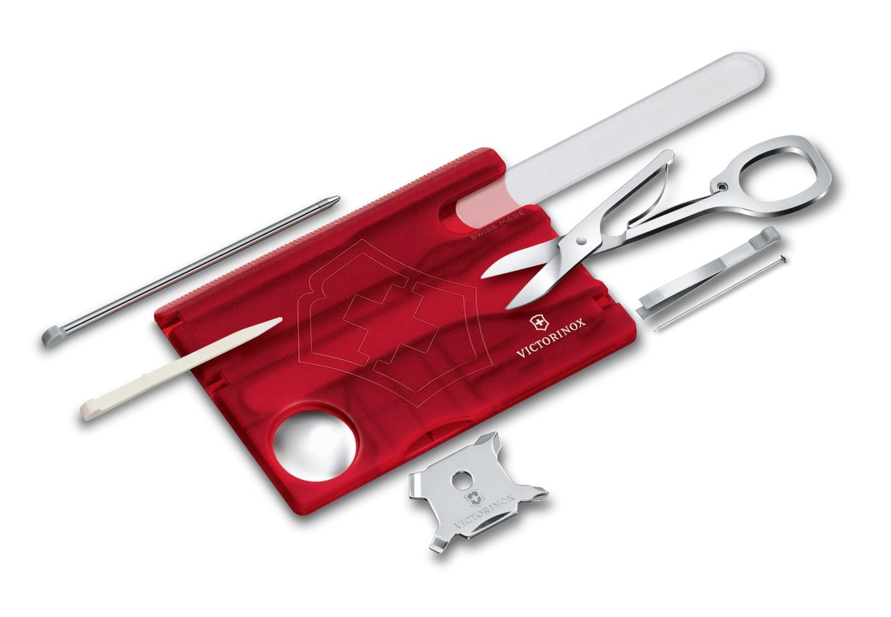 VICTORINOX SwissCard Nail Care Translucent with 13 Functions Nail Glass Nail Aid Tool, Red, (Nail File, Polisher, File, Scissors), Emergency/First