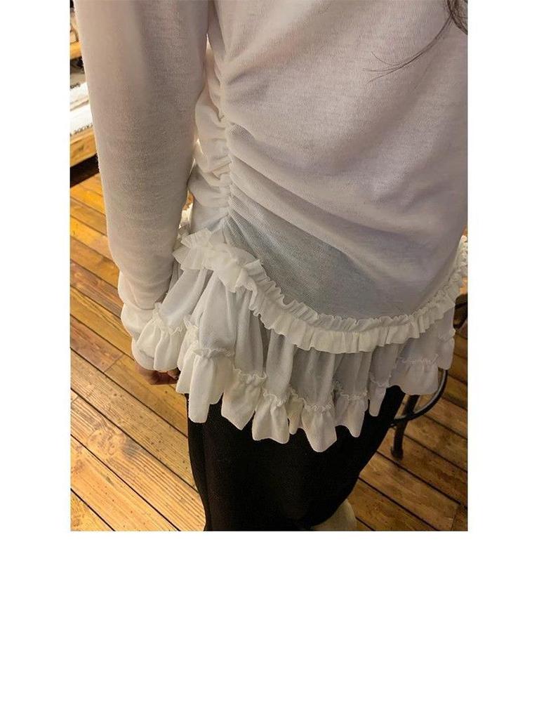 Women's Ballet Style Long Sleeve Lace Hem T-Shirt for Autumn/Winter - Chic Slim Fit Base Layer Top