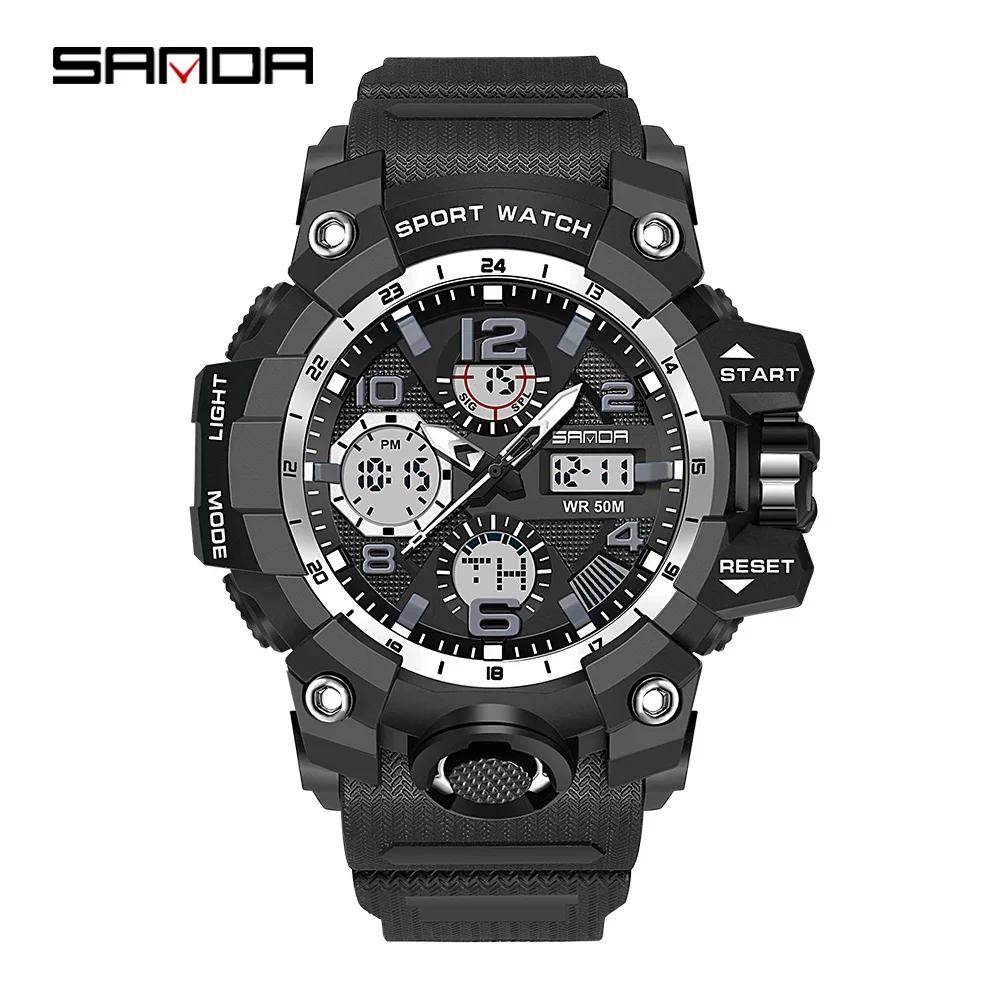SANDA 6021 LED Dual Display Quartz Wristwatch Mens Digital Clock Military Stopwatch Reloj HombreSport Watch for Men Waterproof