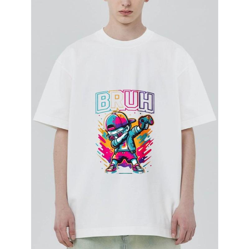 Black T Shirt with Colorful Cartoon Character and Bruh Text Graphic for Casual Wear
