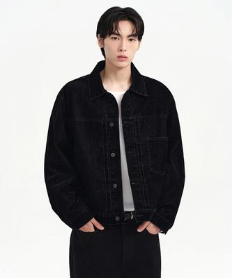 Velvet Relaxed Denim Trucker Jacket [Black]