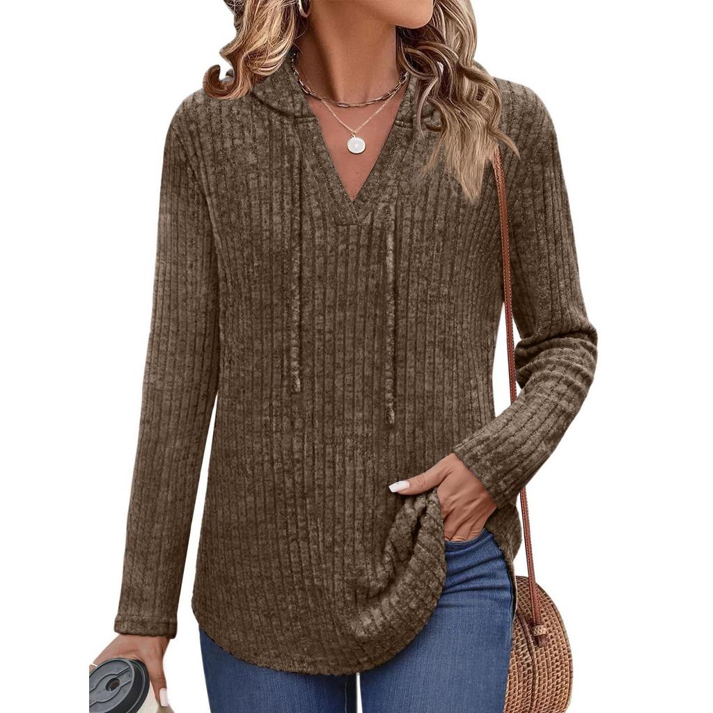 2025 Autumn/Winter Women's Plus Size V-Neck Hooded Ribbed Long Sleeve Loose T-Shirt