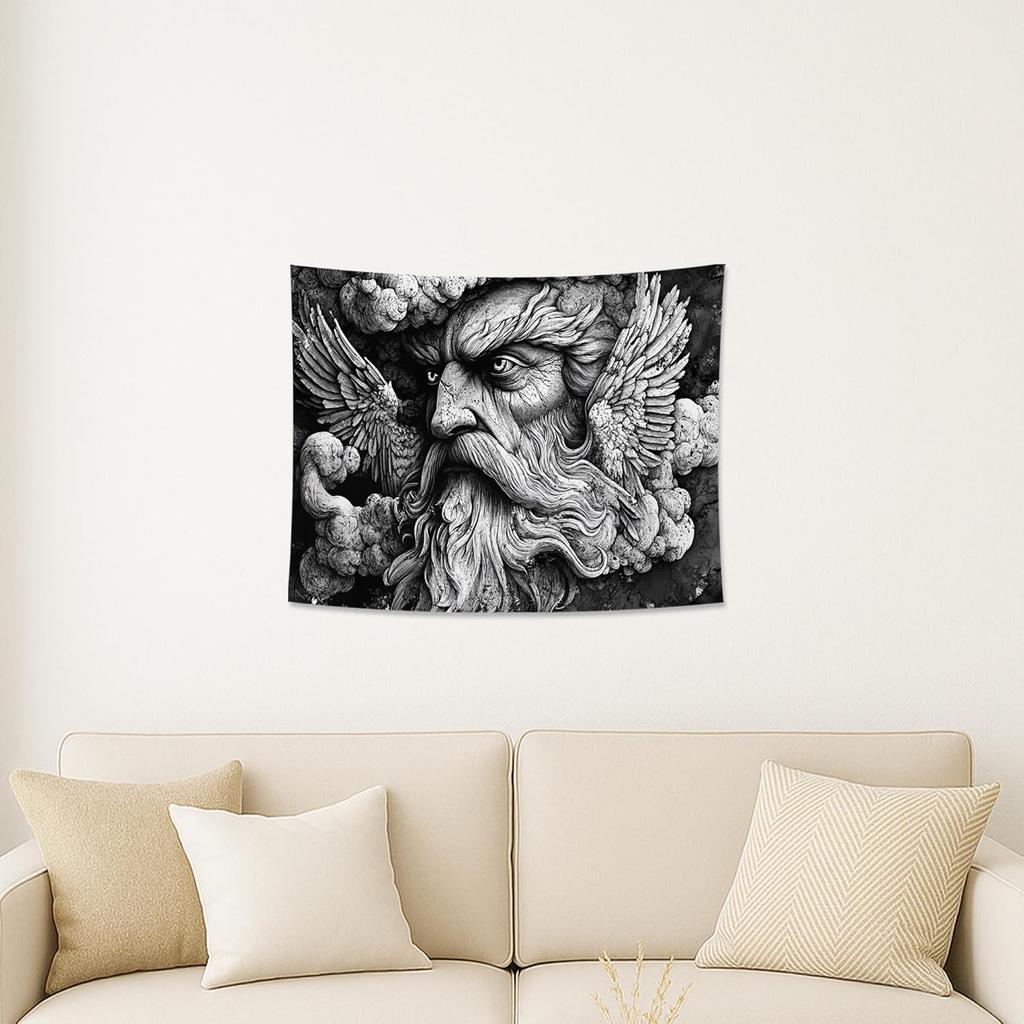 Mythical Bearded Man Black White Tapestry, Winged Divine Face Vintage Decorative Wall Hanging, Ethereal Tapestries Aesthetic for