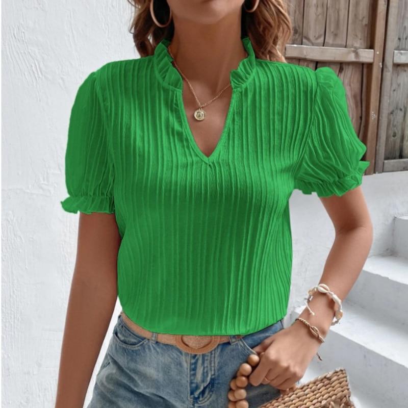 2023 Yaz Kısa Kollu Beyaz Gömlek Kadın Vintage Katı V Yaka Gevşek Gömlek Casual Zarif Dantel Bluz Moda Giyim 28006