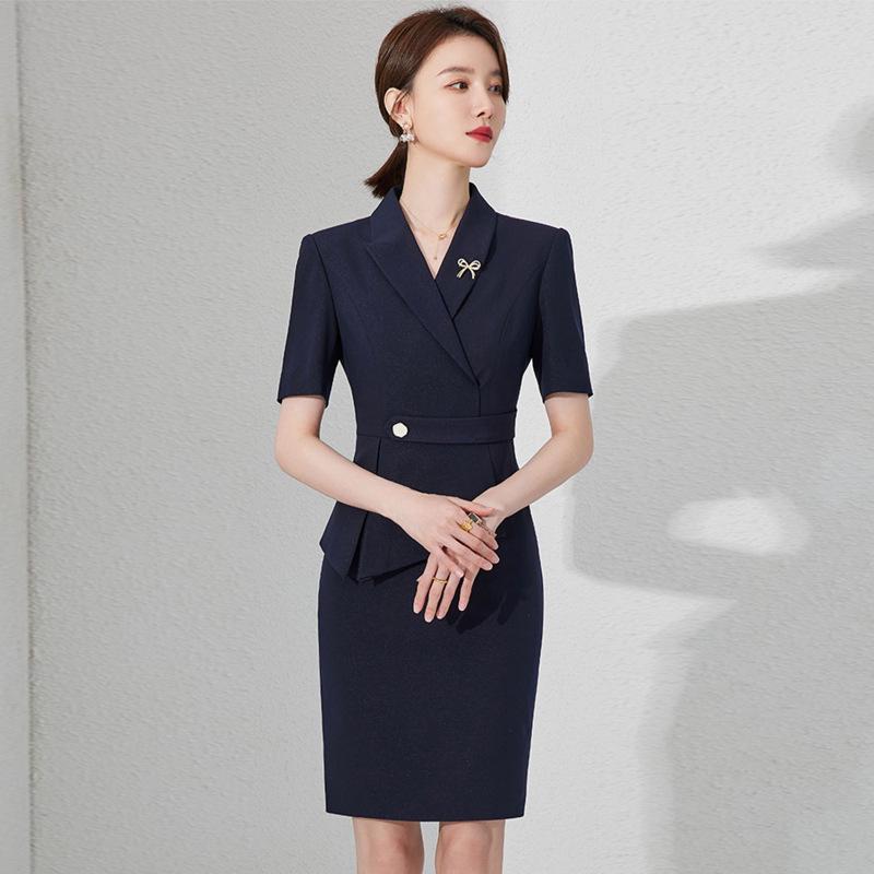 Navy Blue Short Sleeve Slimming Work Dress for Women