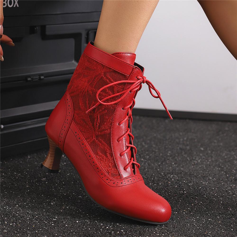 Fashion 2025 Women Victorian Pointed Toe Ankle Boots Leather Lace Hollow Out Punk Lace Up Strange Steampunk High Heel Shoes Size 34-46