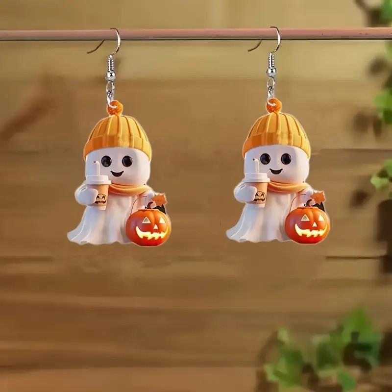 Cartoon Themed Halloween Ghost Milk Tea Pumpkin Pattern Women Acrylic Earrings