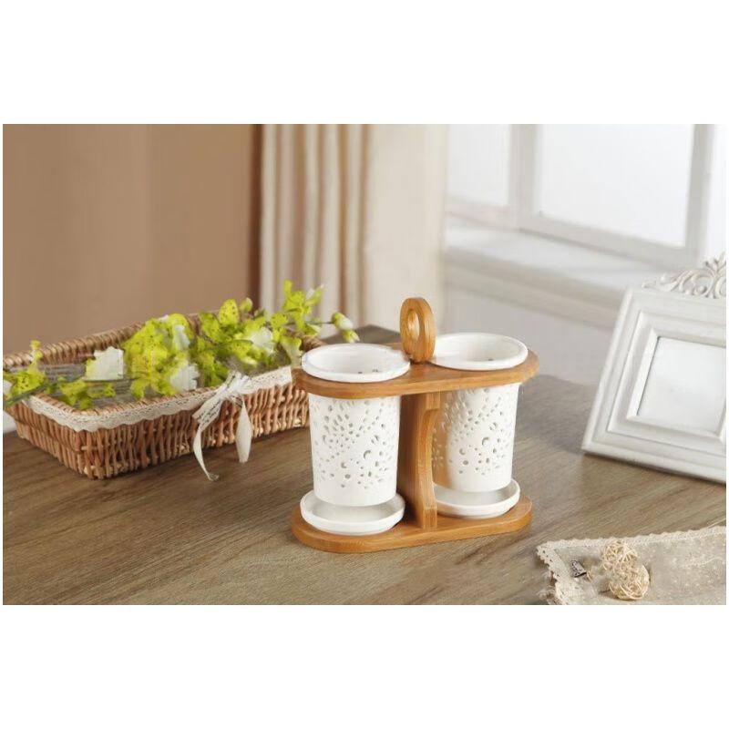 Qianxing Draining Ceramic Chopstick Holders with Bamboo Rack