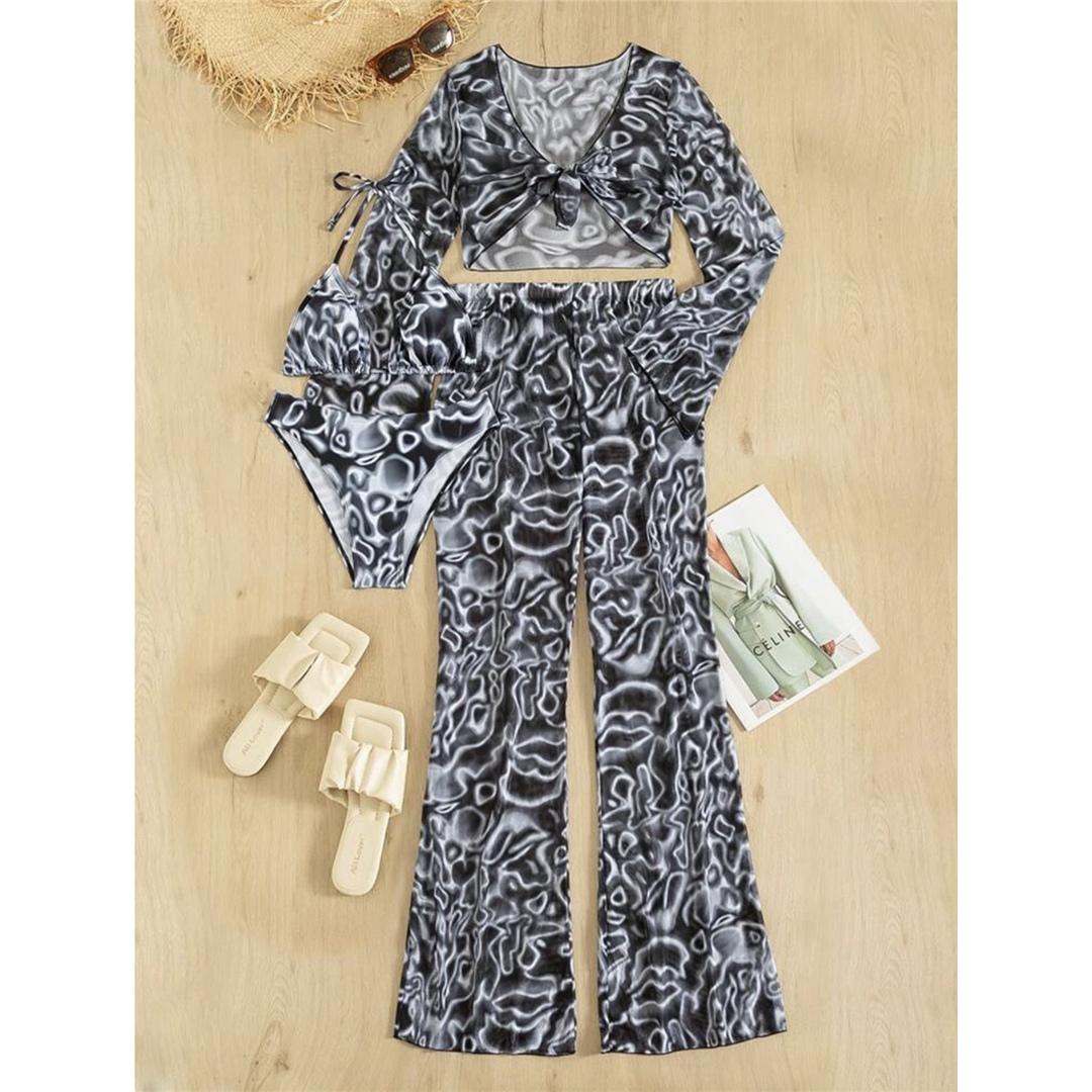 

Женский купальник бикини с длинным рукавом и пляжными штанами, женский купальник, комплект бикини из четырех частей, купальный костюм для купания S чёрный