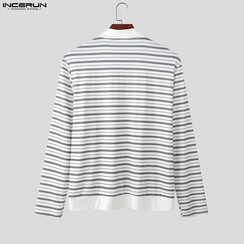 INCERUN Men Lapel Neck Long Sleeve Striped Patchwork Casual T-shirts Tops