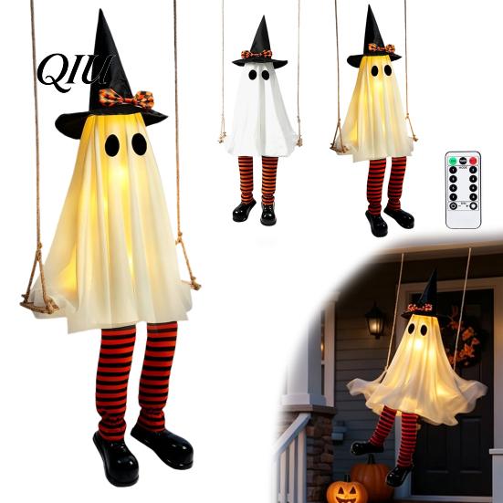 Halloween-Eingangsbereich Dekoration Hängende Schaukel Geist Dekoration, Leuchtend Große Schaukelnde mit Beleuchtetem Veranda Hexenhut Und Gestreiften Beinen für den Garten