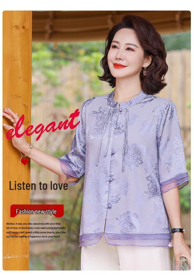 Elegant 2026 Summer Print Top for Middle-Aged & Elderly Women - Chinese Style