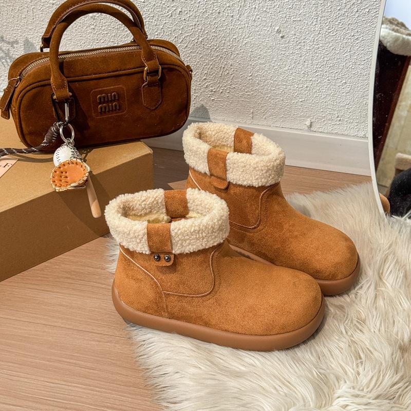 Retro wind velvet short boots warm snow boots women's autumn and winter fashion suede versatile Mori series medium tube flat-bottomed snow boots