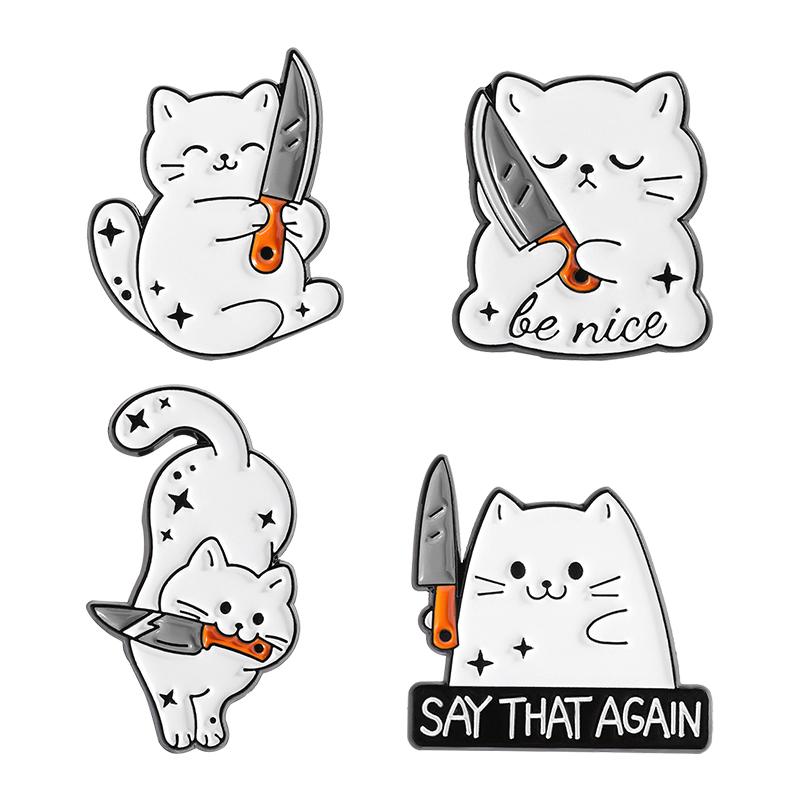 2-8pcs/set Cute Cat Enamel Pins Cartoon Big Eyes Black Kitties with Knife Animal Brooches Lapel Badge Jewelry Gifts For Friends